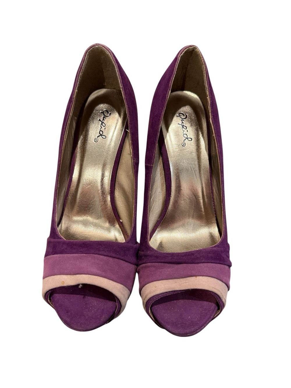 Qupid Purple and Pink Suede Peep-Toe Heels - Picture 2 of 4